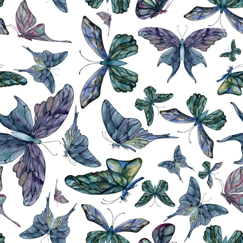 Hand drawn watercolor illustration butterfly fairy wings gem crystal insect moth. Amethyst emerald fluorite moonstone. Seamless pattern isolated white background. Design print, shop, wedding, package vector