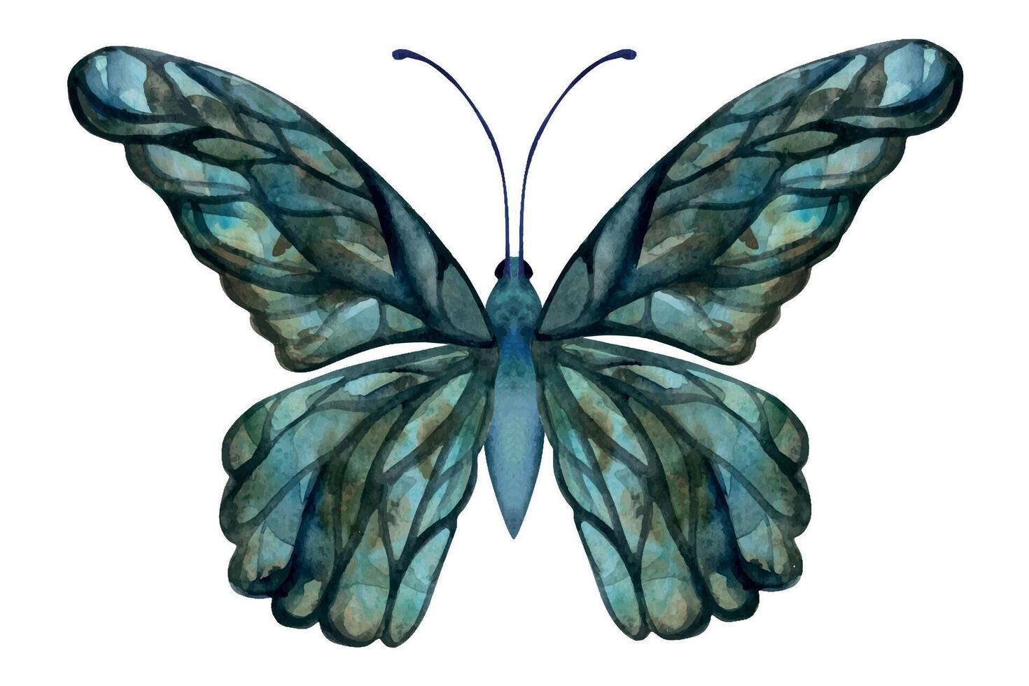Hand drawn watercolor illustration butterfly fairy wings gem crystal insect moth. Emerald labradorite nacre pearl. Single object isolated on white background. Design print, shop, wedding, birthday vector