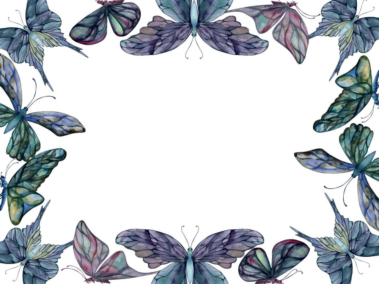 mano dibujado acuarela ilustración mariposa hada alas joya cristal insecto polilla. amatista Esmeralda fluorita piedra de la luna. horizontal marco aislado blanco antecedentes. diseño imprimir, comercio, boda, cumpleaños vector