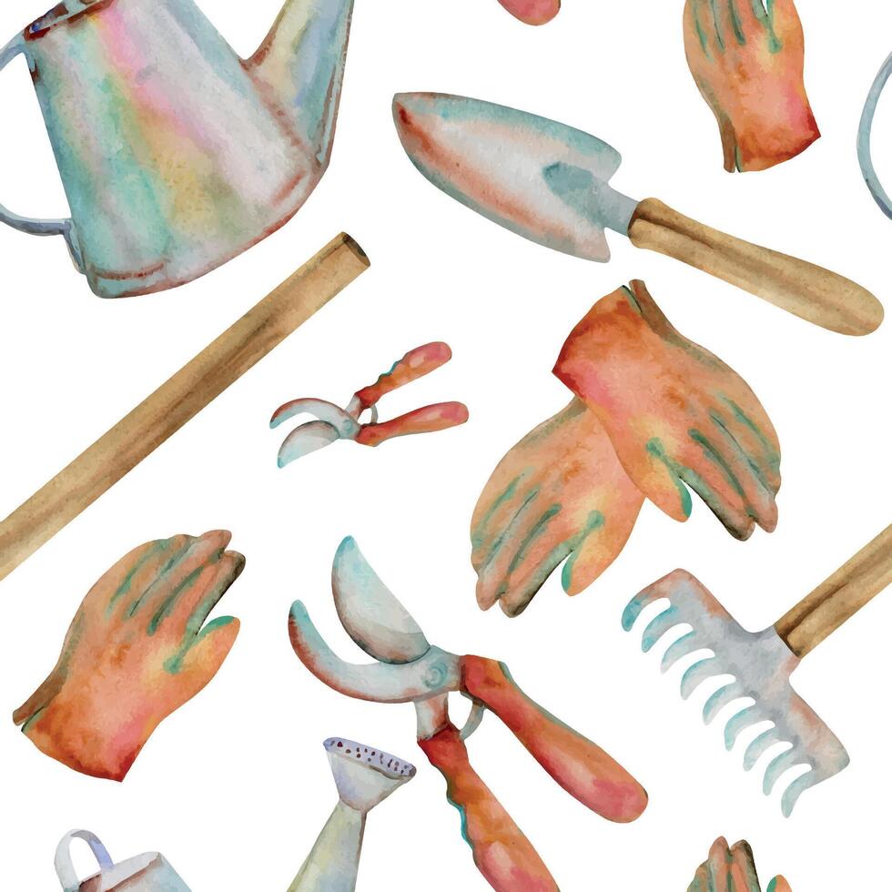 Hand drawn watercolor illustration spring gardening tools, rake shovel pruning shears watering can gloves. Seamless pattern isolated on white background. Design print, shop, scrapbooking, packaging vector