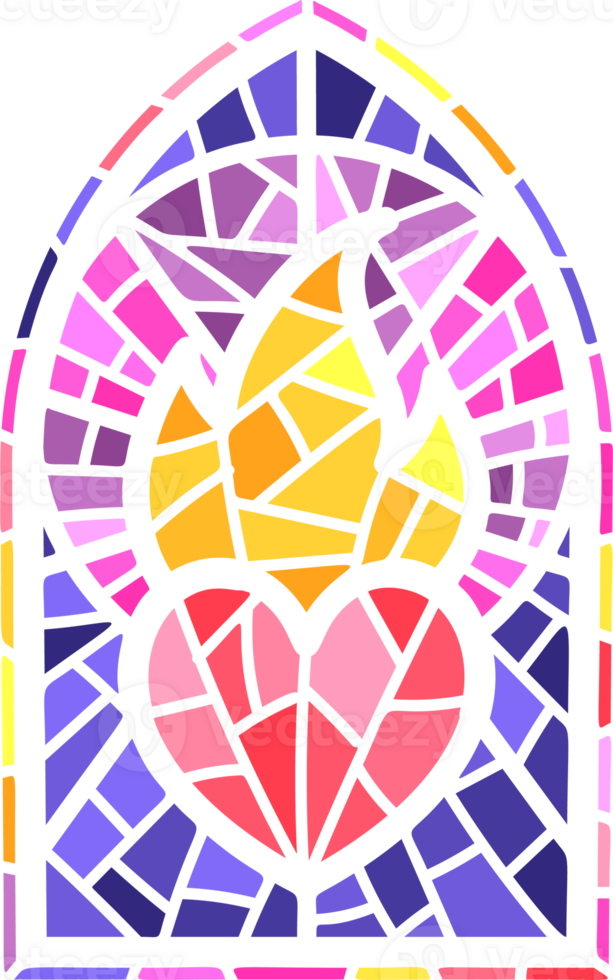 Church glass window. Stained mosaic catholic frame with religious symbol burning heart png