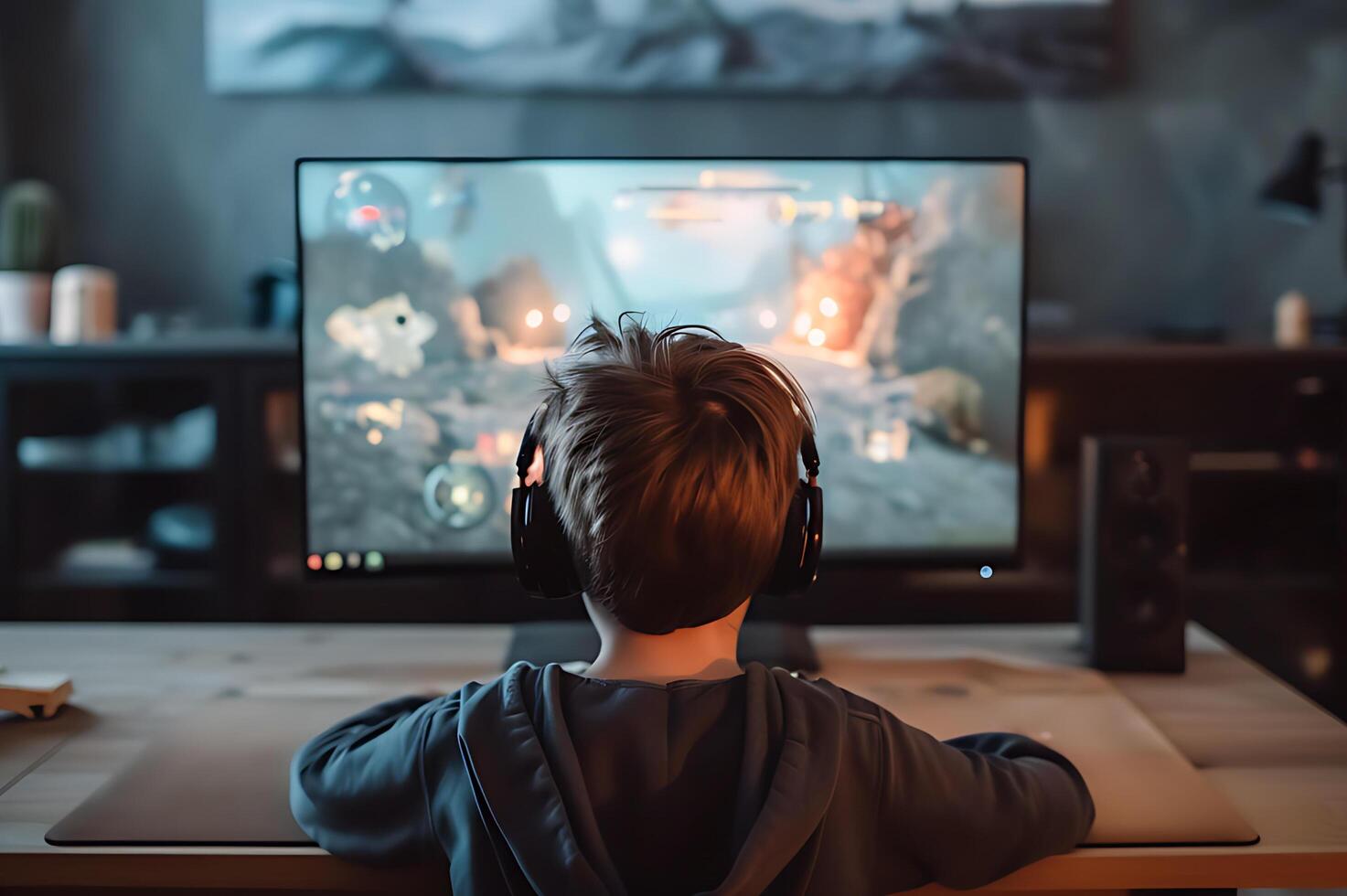 ai generado niño absorto en jugando fantasía computadora juego foto