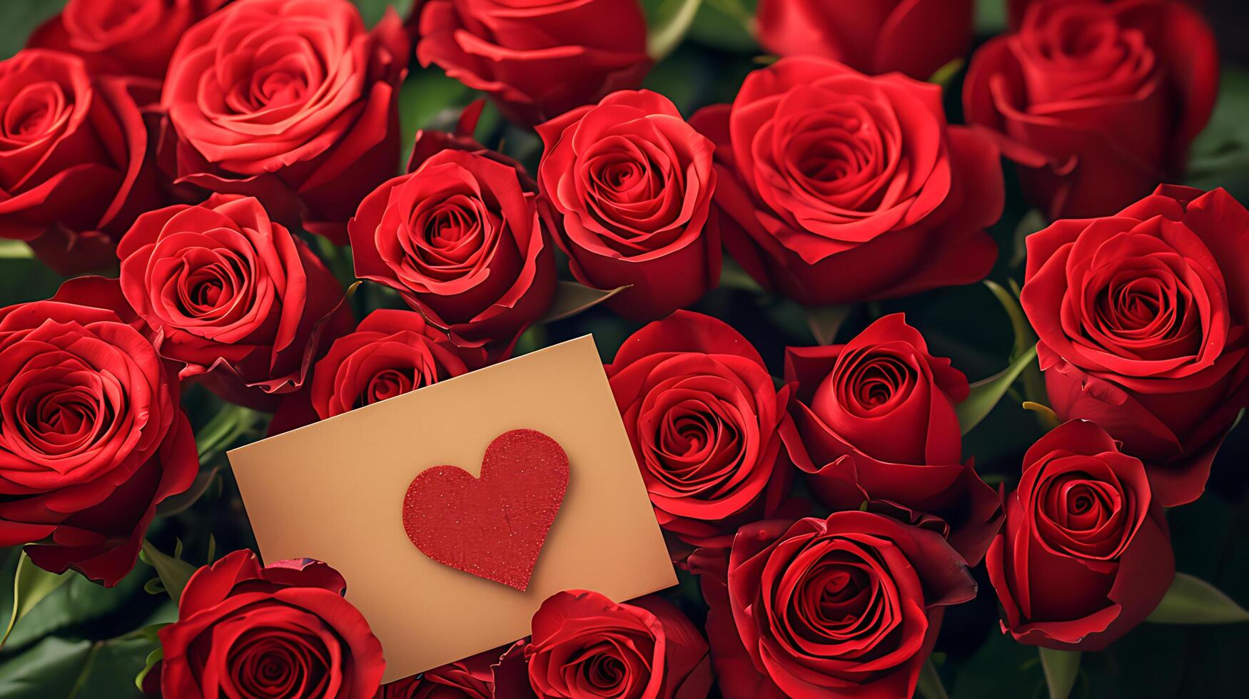 AI generated Romantic Red Roses with Heart-Shaped Card for Valentine's Day photo
