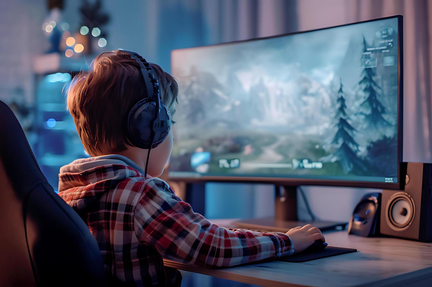 AI generated Child engrossed in playing fantasy computer game photo