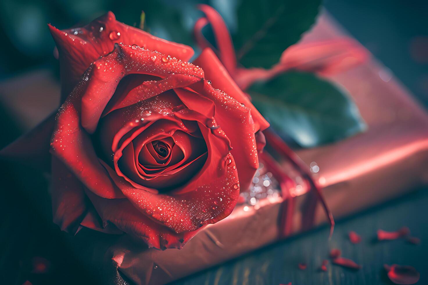 ai generado rojo rosas y Rocío gotas en regalo cajas para parejas brillar en San Valentín día foto