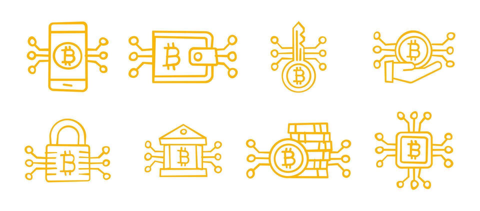 Stick figures. Bitcoin. Hand drawn doodle line art cartoon design character. vector