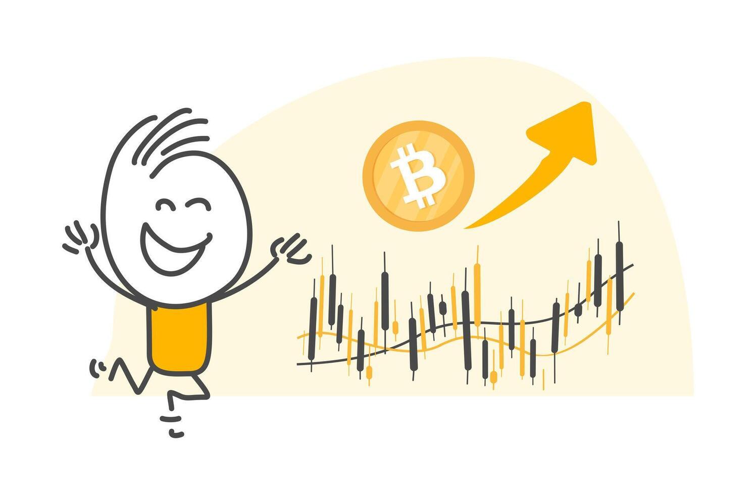 Stick figures. Bitcoin. Hand drawn doodle line art cartoon design character. vector