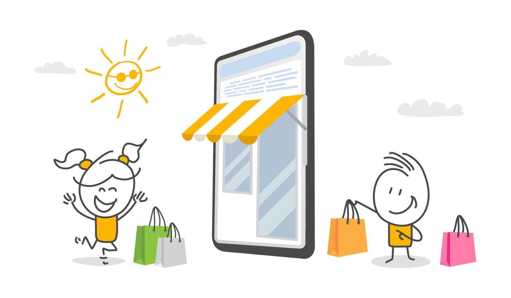 Stick figures. Online shopping. Hand drawn doodle line art cartoon design character. vector