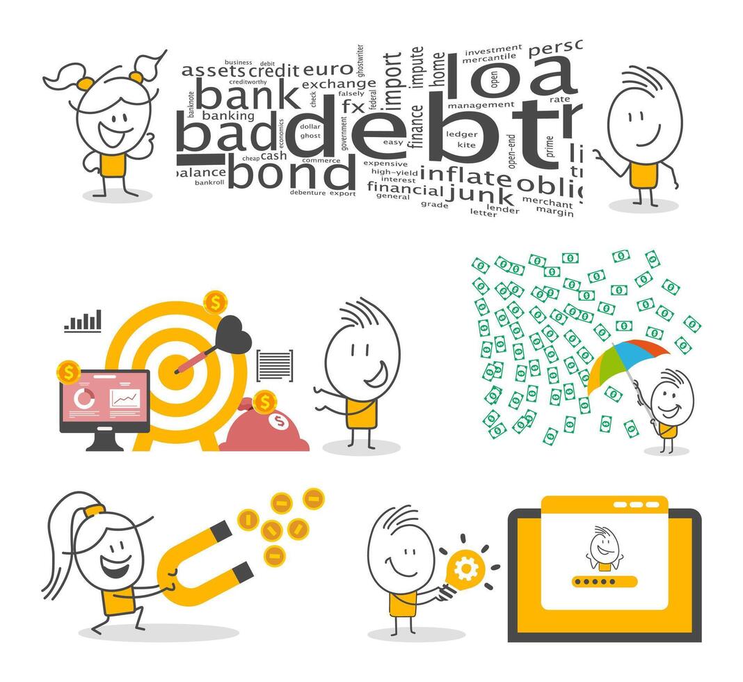 Stick figures. Earning. Hand drawn doodle line art cartoon design character. vector