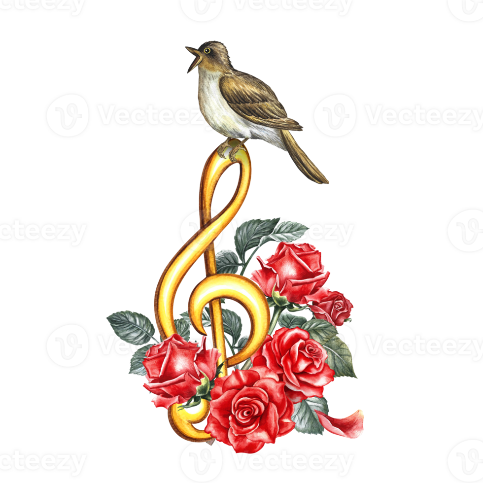 A golden treble clef decorated with a nightingale and roses. The watercolor illustration is hand-drawn. Highlight it. For logos, badges, stickers and prints. For postcards, business cards, flyers. png