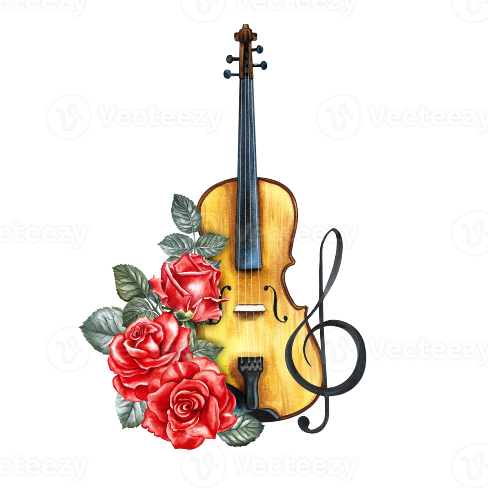 A violin decorated with red roses and a treble clef. The watercolor illustration is hand-drawn. For posters, flyers and invitation cards. For banners and postcards, logos, badges, stickers and prints. png