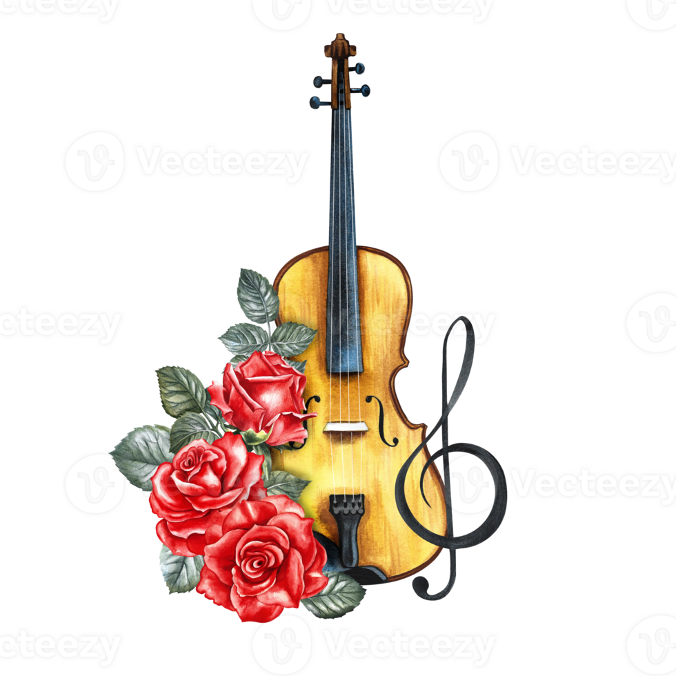 uma violino decorado com vermelho rosas e uma agudo clave. a aguarela ilustração é desenhado à mão. para cartazes, folhetos e convite cartões. para faixas e cartões postais, logotipos, Distintivos, adesivos e imprime. png