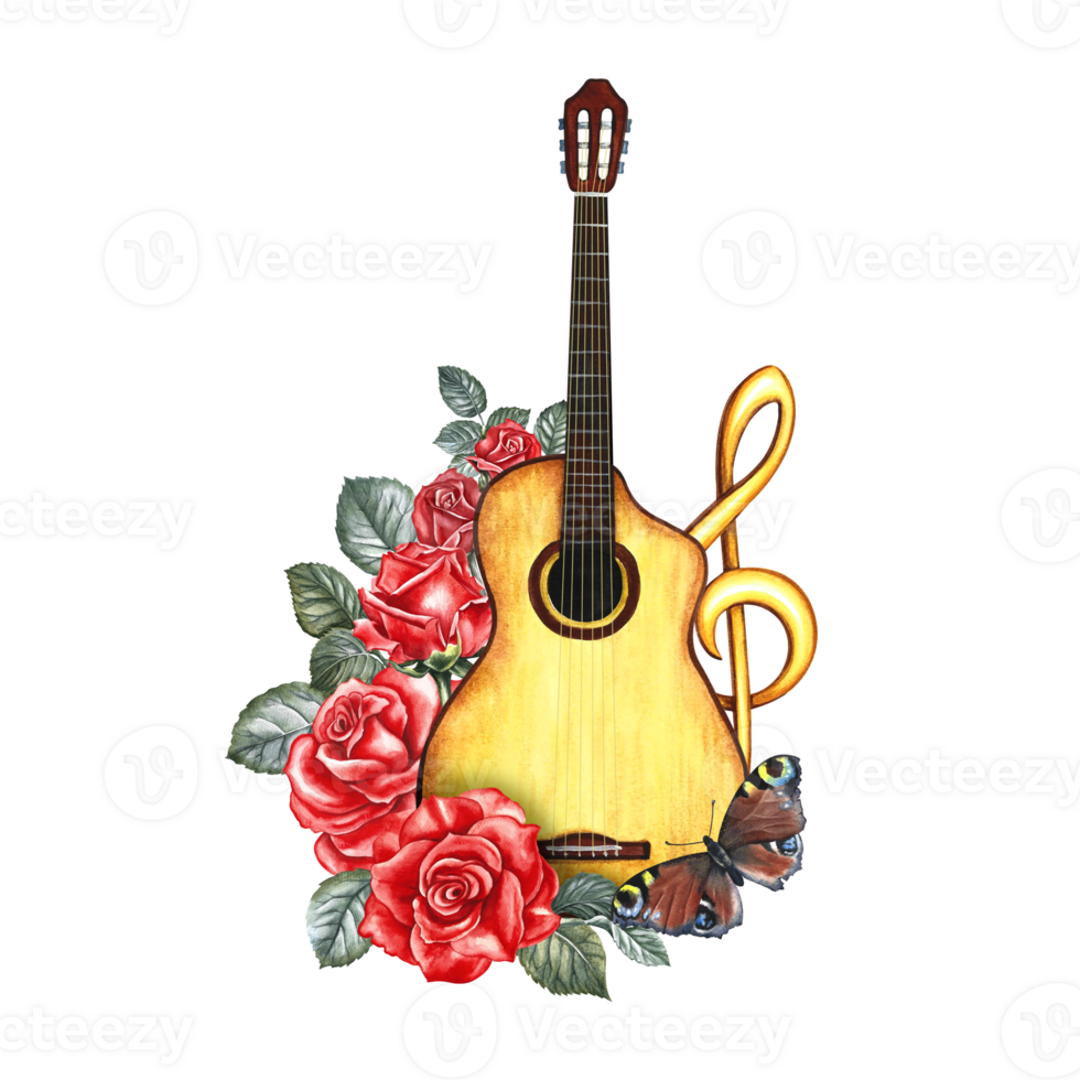 ein Gitarre dekoriert mit rot Rosen, ein verdreifachen Notenschlüssel und ein Schmetterling. das Aquarell Illustration ist handgemalt.. zum Poster, Flyer und Einladung Karten. zum Postkarten, Logos, Abzeichen, Aufkleber und drucken png