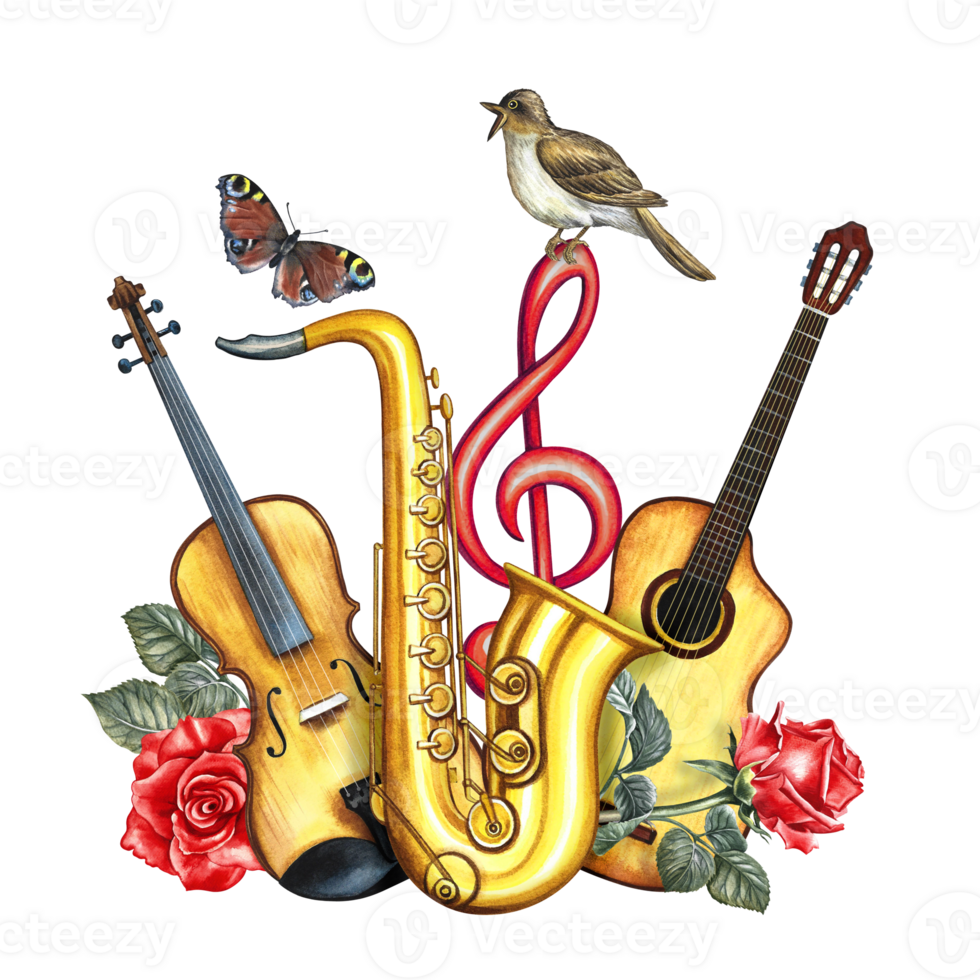 musical instruments, violon, saxophone, guitare avec tripler clef et Rossignol et des roses. le aquarelle illustration est dessiné à la main. pour affiches, prospectus et invitation cartes, bannières et cartes postales. png