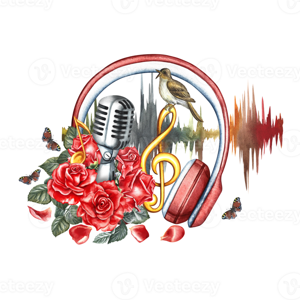 A retro silver microphone decorated with red roses, notes and a nightingale. The watercolor illustration is hand-drawn. For logos, badges, stickers and prints. For postcards, business cards, flyers. png