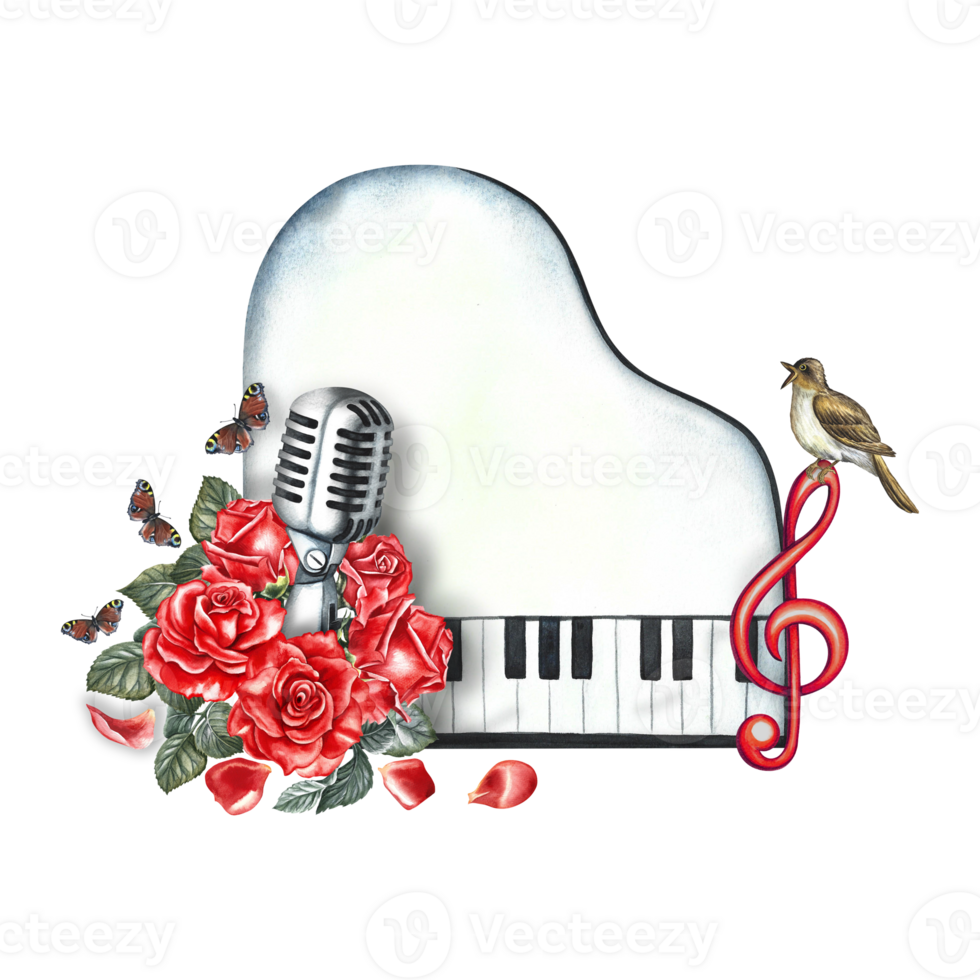 The piano is white, top view, with red roses, a treble clef and a microphone. The watercolor illustration is hand-drawn. For posters, flyers and invitation cards. For postcards, logos, badge, sticker png