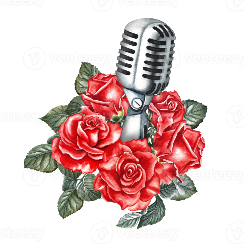 Silver retro microphone decorated with red roses. The watercolor illustration is hand-drawn. Isolate it. For logos, badges, stickers and prints. For postcards, business cards, flyers and posters. png