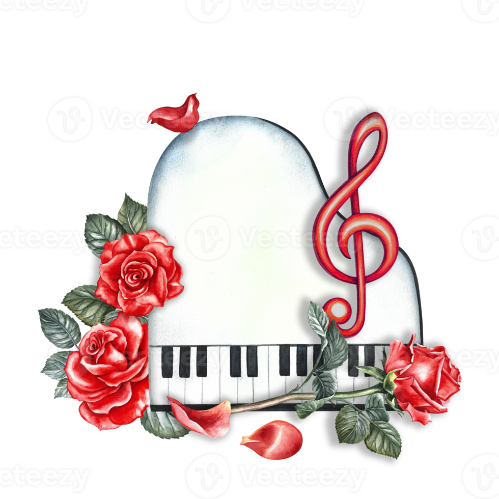 The piano is white, top view, with red roses and a treble clef. The watercolor illustration is hand-drawn. For posters, flyers and invitation cards. For postcards, logos, badges, stickers and prints. png