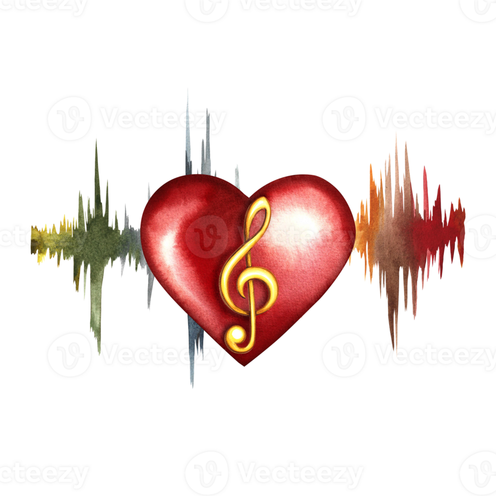 A heart with a treble clef at the frequency of the audio signal. The watercolor illustration is hand-drawn. For posters, flyers and invitation cards. For postcards, logos, badges, stickers and prints. png