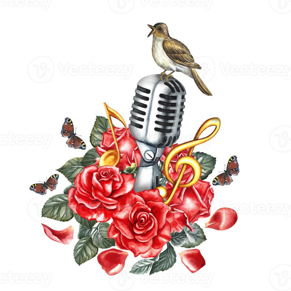 A retro silver microphone decorated with red roses, notes and a nightingale. The watercolor illustration is hand-drawn. For logos, badges, stickers and prints. For postcards, business cards, flyers. png