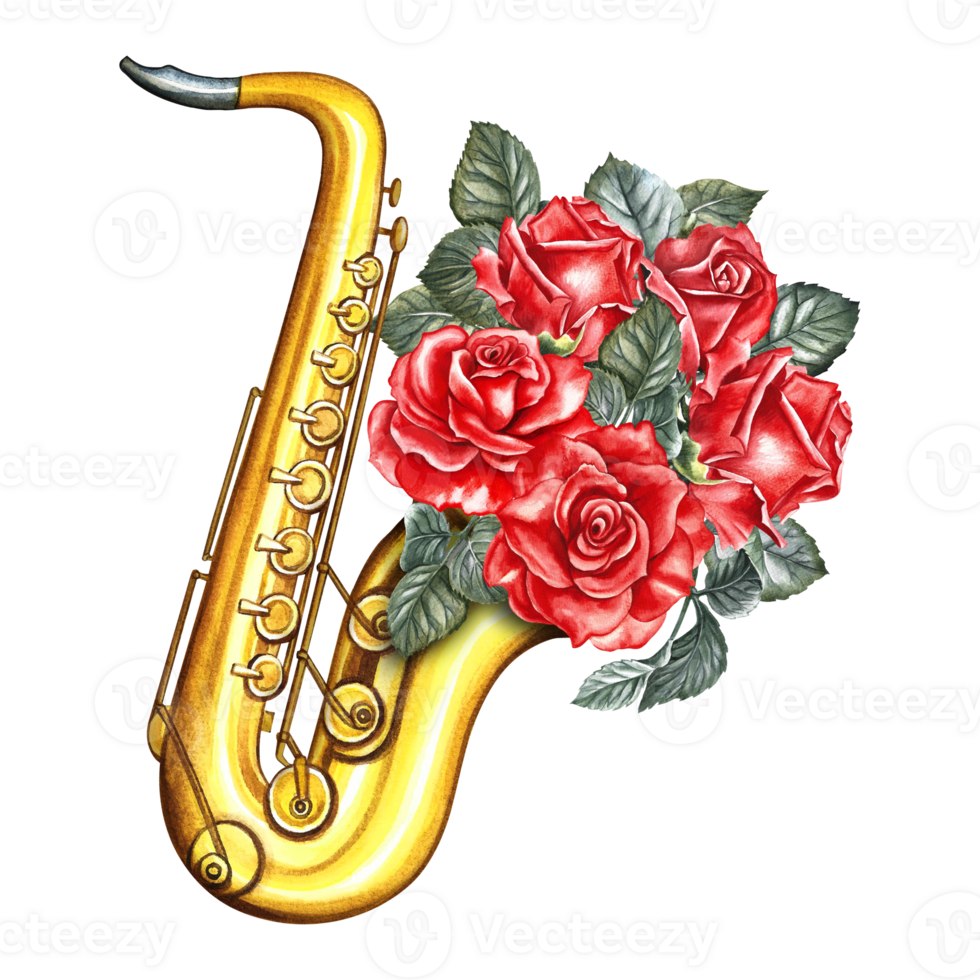 Golden saxophone decorated with red roses. The watercolor illustration is hand-drawn. Isolate it. For posters, flyers and invitation cards. For banners and postcards. For logos, stickers and prints. png