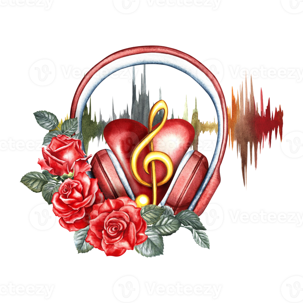 en hjärta i de hörlurar på de frekvens av de audio signal. de vattenfärg illustration är ritad för hand. för affischer, flygblad och inbjudan kort. för vykort, logotyper, märken, klistermärken och grafik. png