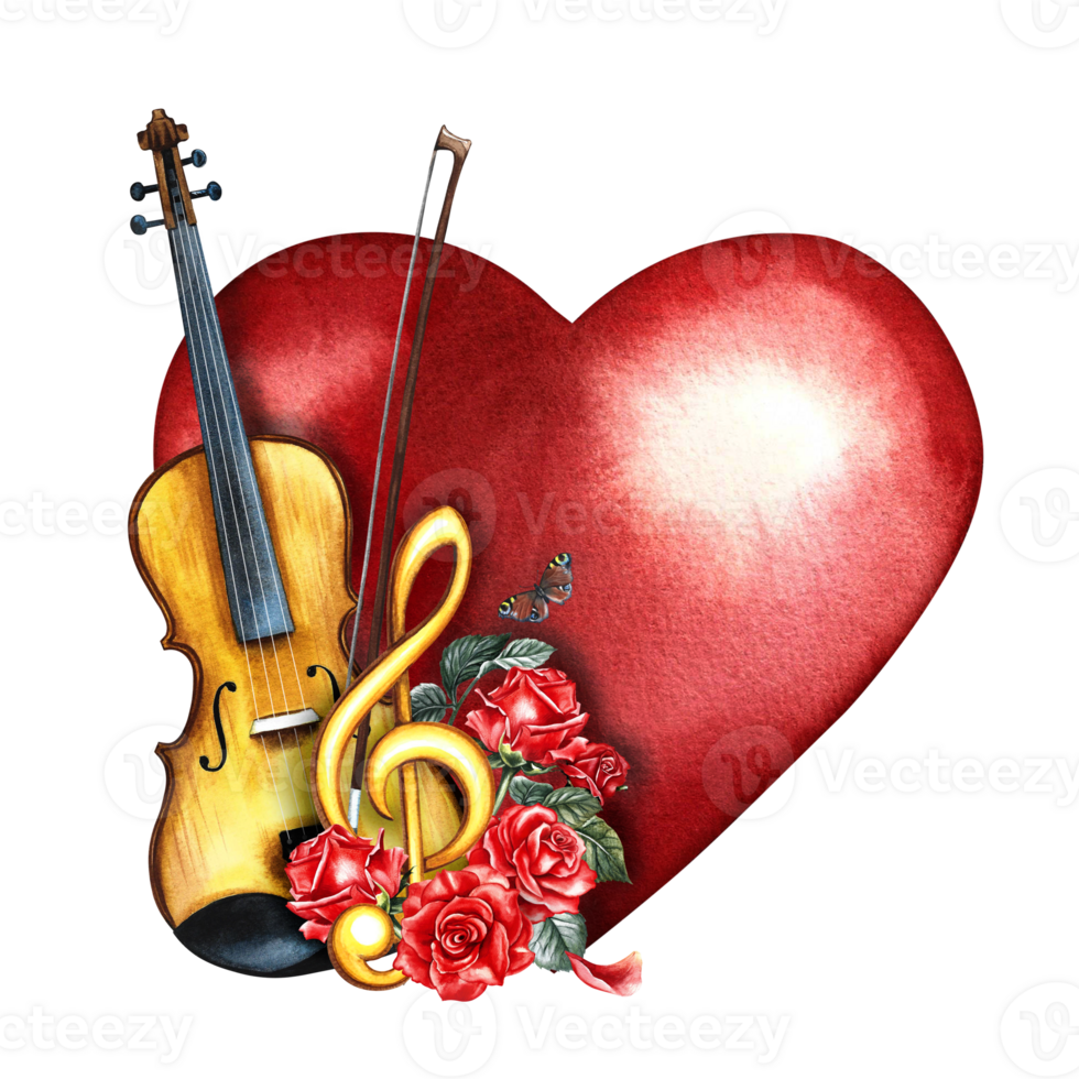 A violin decorated with red roses and a golden treble clef on a red heart. The watercolor illustration is hand-drawn. For posters, flyers and invitation cards. For banners, postcards, logos, stickers. png