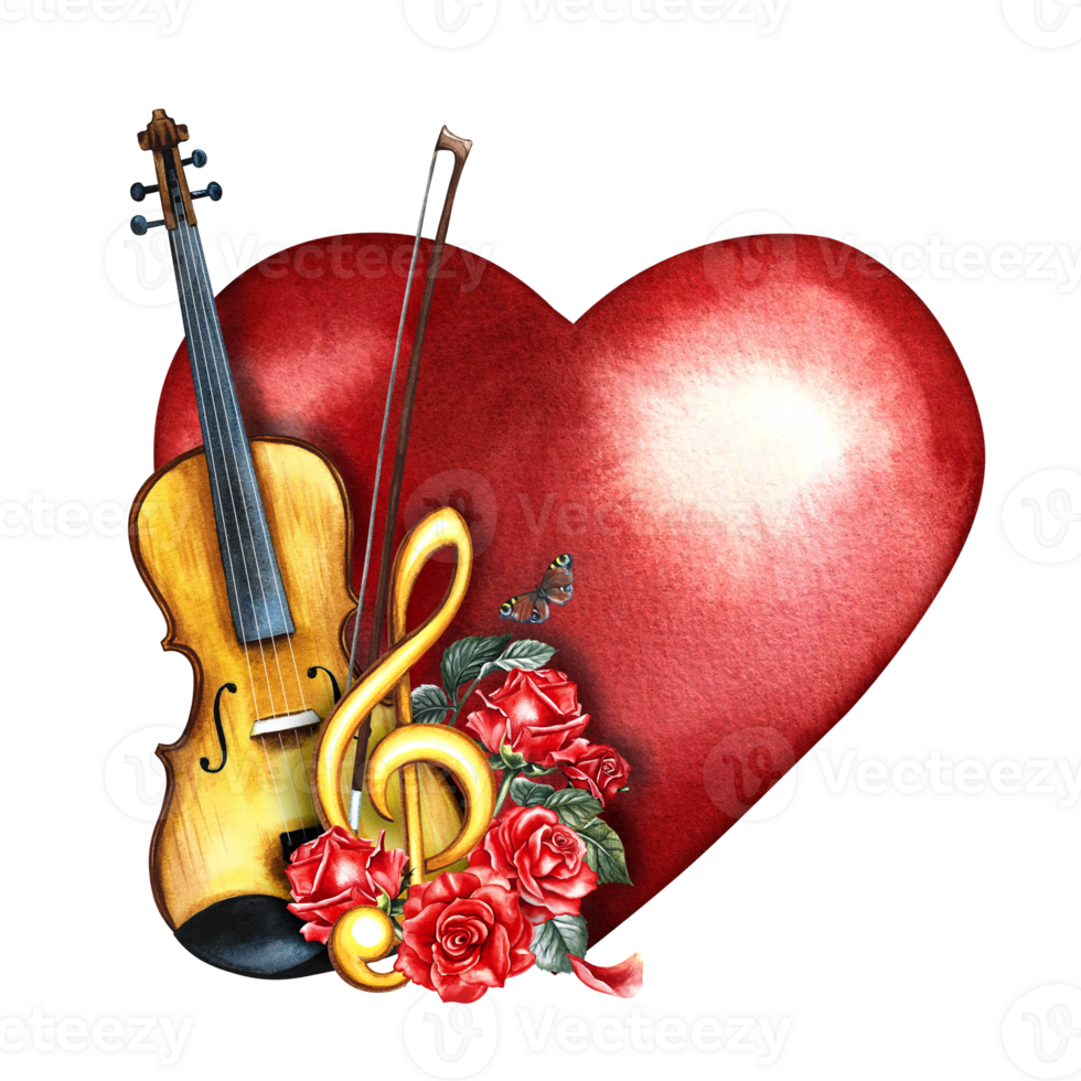 uma violino decorado com vermelho rosas e uma dourado agudo clave em uma vermelho coração. a aguarela ilustração é desenhado à mão. para cartazes, folhetos e convite cartões. para bandeiras, cartões postais, logotipos, adesivos. png