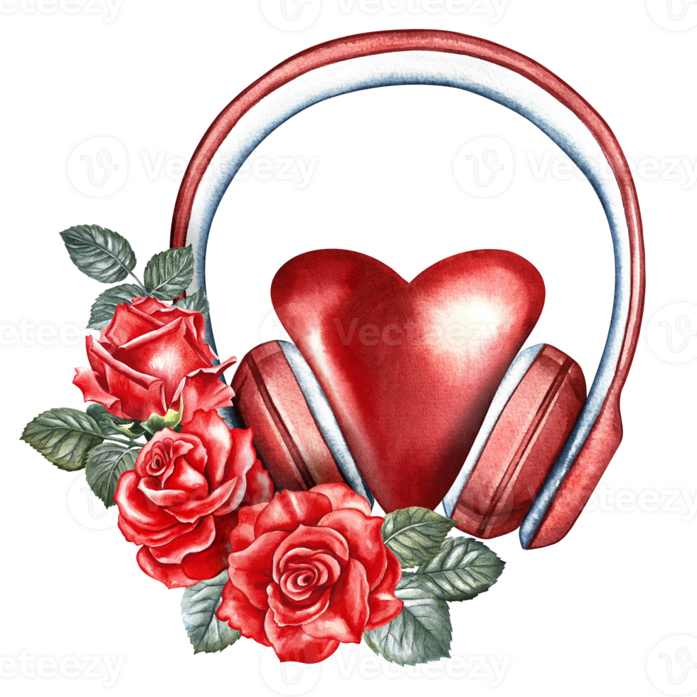 A heart in red headphones decorated with roses. The watercolor illustration is hand-drawn. For posters, flyers and invitation cards. For banners and postcards. For logos, badges, stickers and prints. png