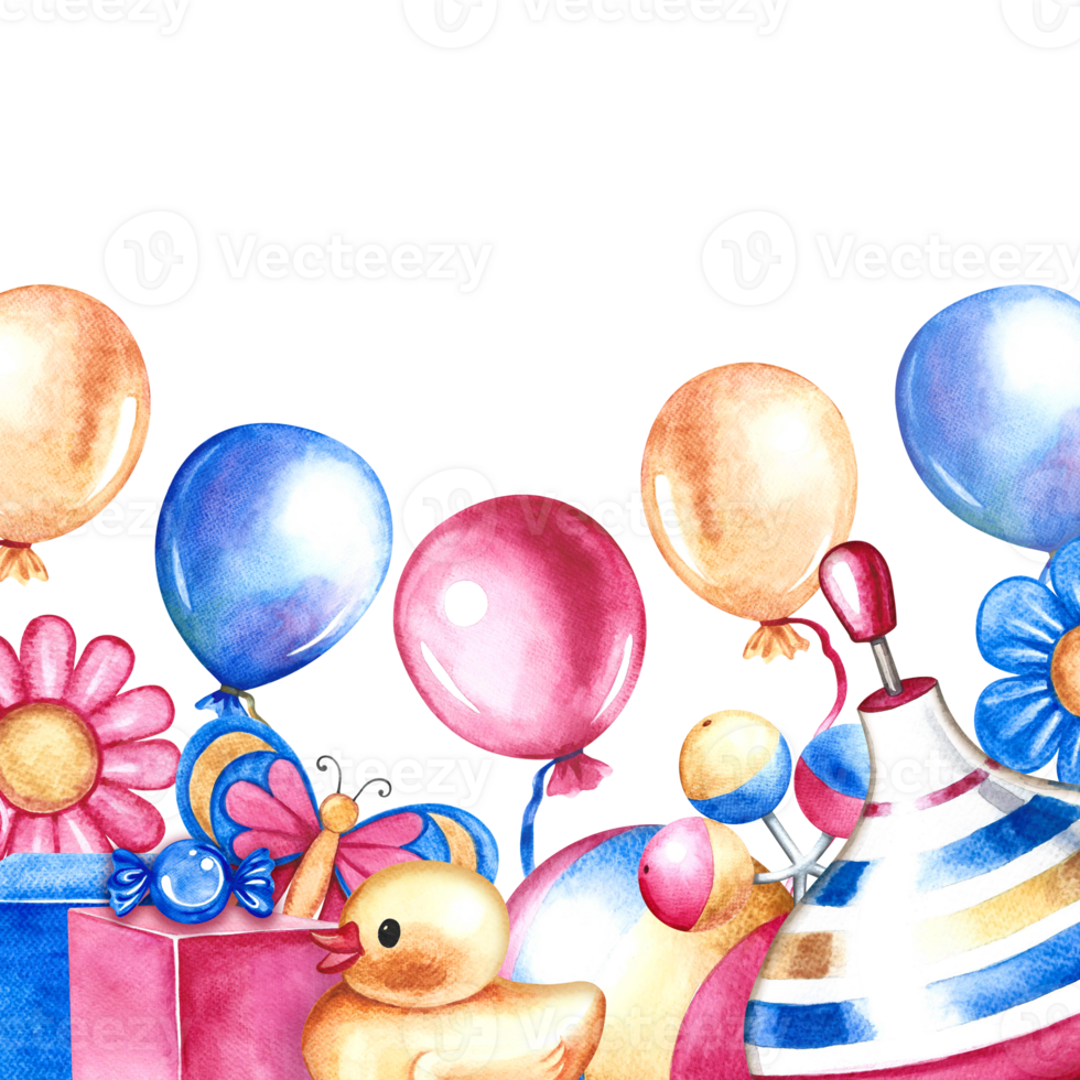Border frame with children's toys. Handmade watercolor illustration. For decorating children's books, birthday greetings and invitation cards. For flyers, labels and packages of children's goods. png