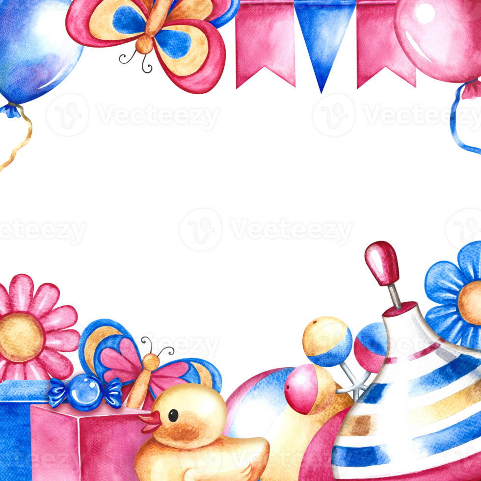 A frame with children's toys. Handmade watercolor illustration. For the design of children's books, birthday greetings and invitation cards. For flyers, labels and packages of children's goods. png