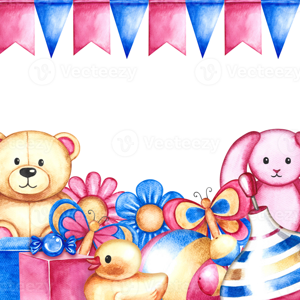 A frame with children's toys, a ball, a spinning top, cubes and a teddy bear with a bunny. Handmade watercolor illustration. For the design of children's book, banners and labels, packaging, postcards png