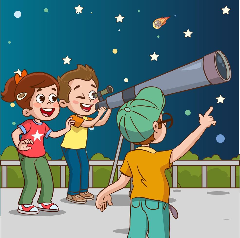 vector ilustración de linda niños acecho mediante telescopio en noche estrellado cielo.