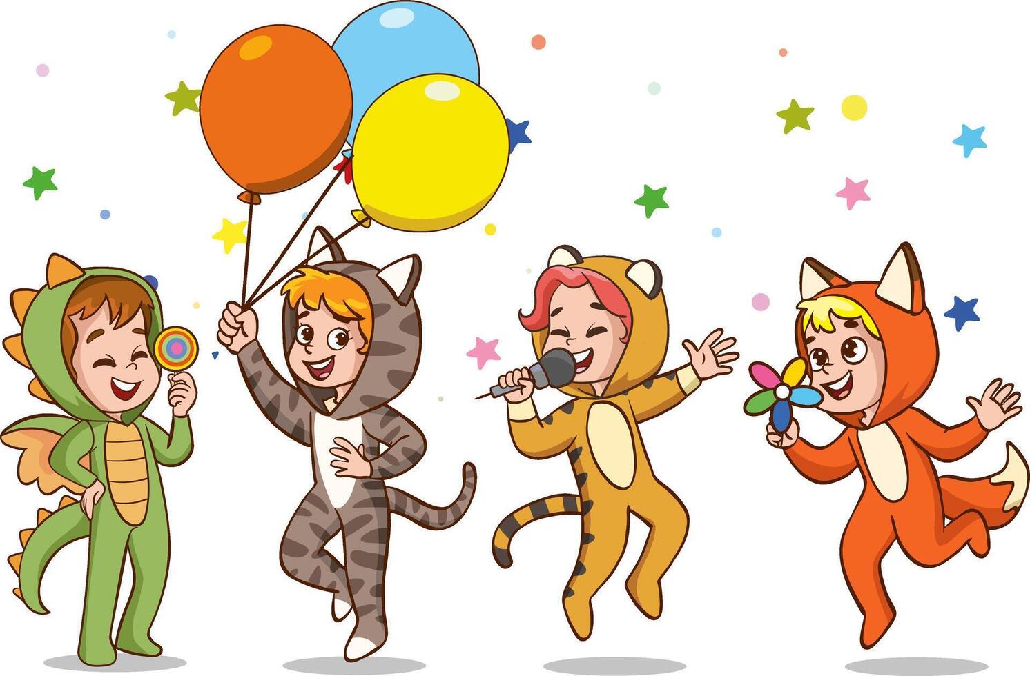 Little Boy and Girl Wearing Animal Costumes Waving Hand and Having Fun Vector Set