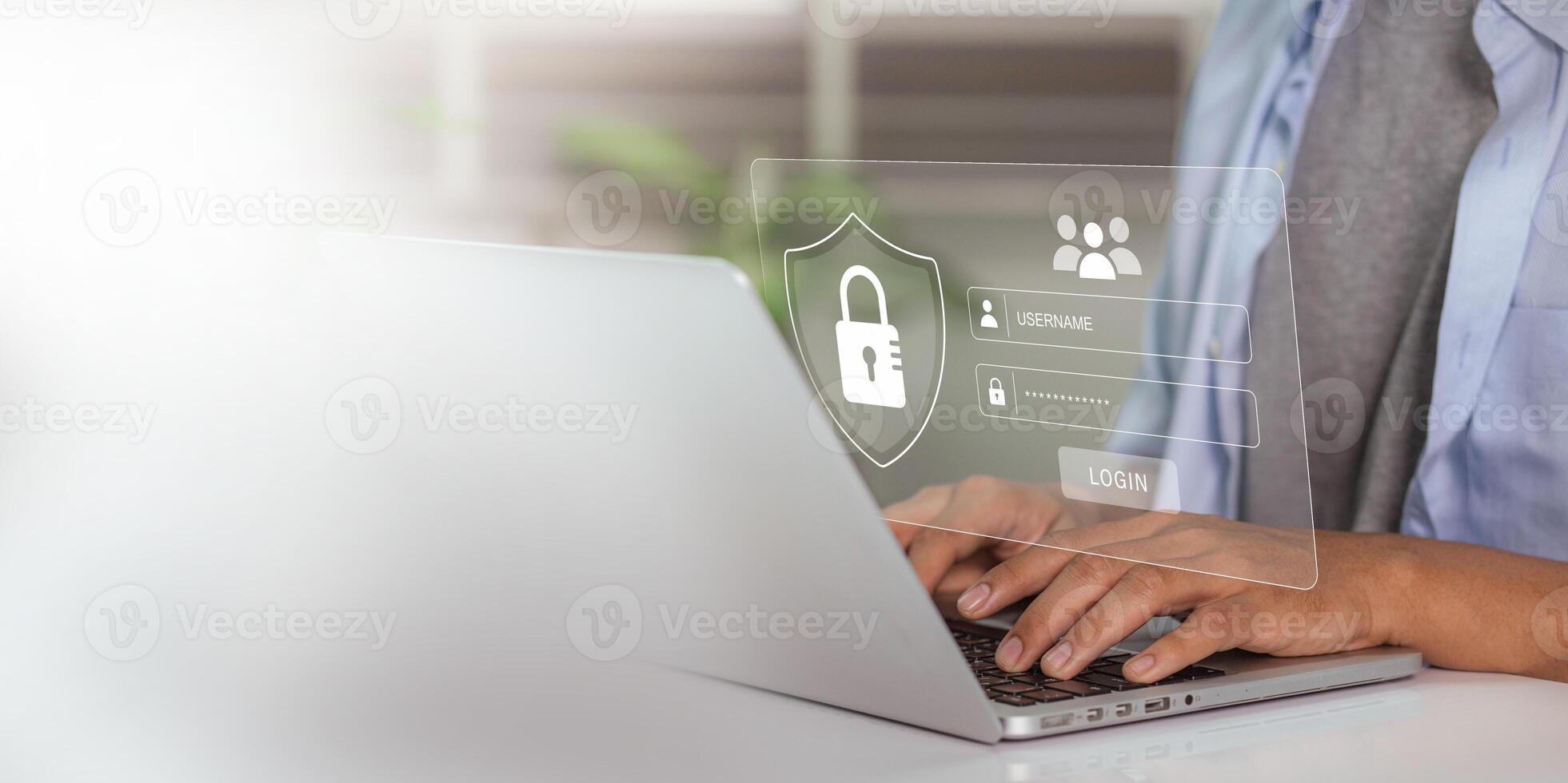 Cybersecurity protects passwords and secure internet access. It is crucial to have secure login and protection in the online world. Users enter their passwords on the internet network to stay safe photo