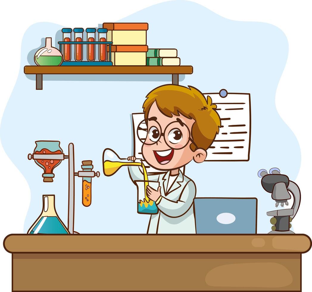 little scientist wearing with coat and do research cartoon vector