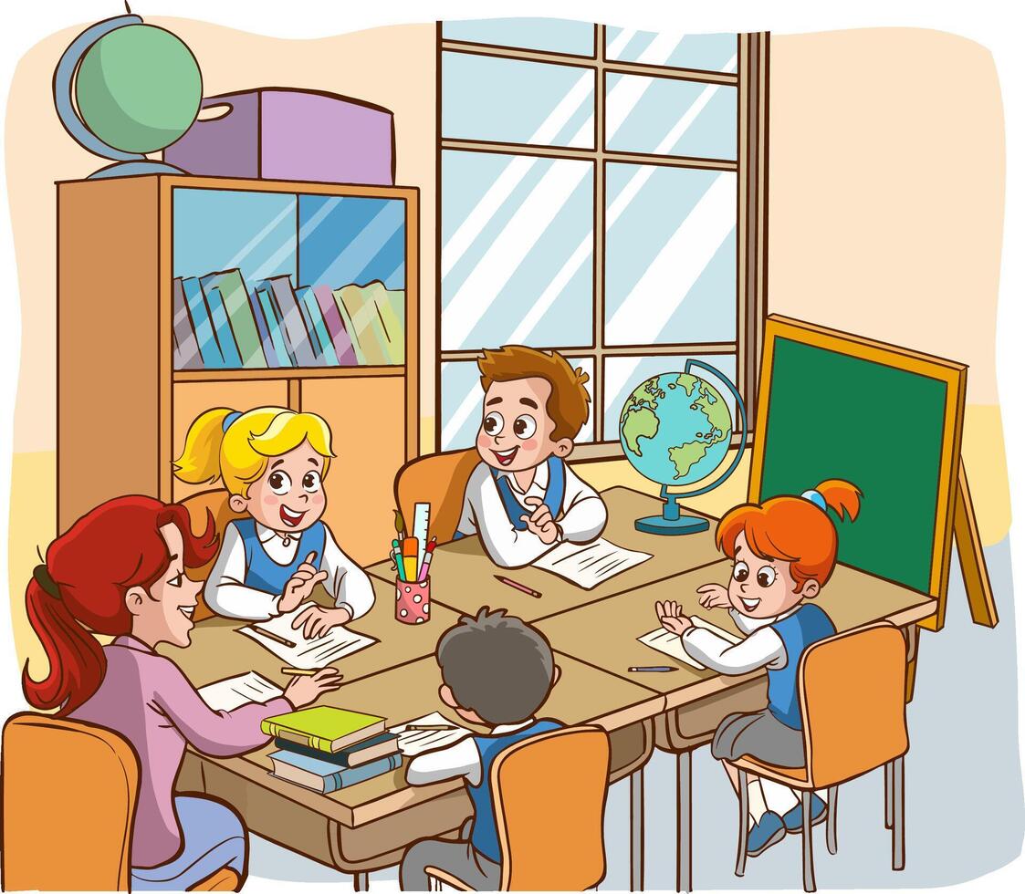 vector ilustración de niños educacion.estudiantes haciendo grupo trabajo.estudiantes estudiando con el profesor en el salón de clases dibujos animados vector