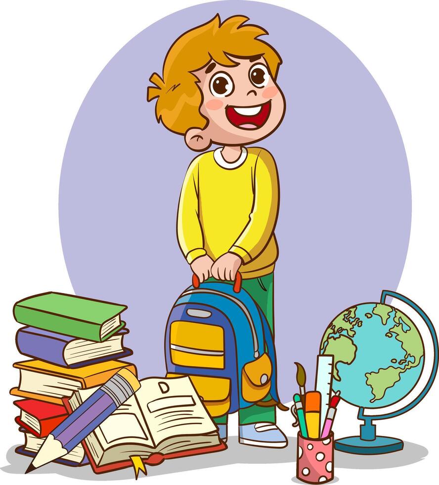vector ilustración de un chico y educación concepto con mochila y colegio suministros