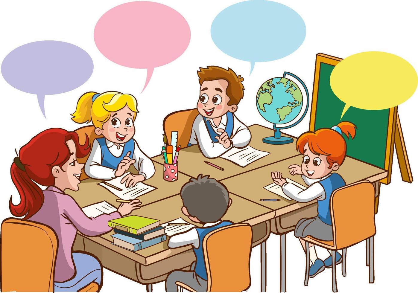 vector ilustración de niños educacion.estudiantes haciendo grupo trabajo.estudiantes estudiando con el profesor en el salón de clases dibujos animados vector