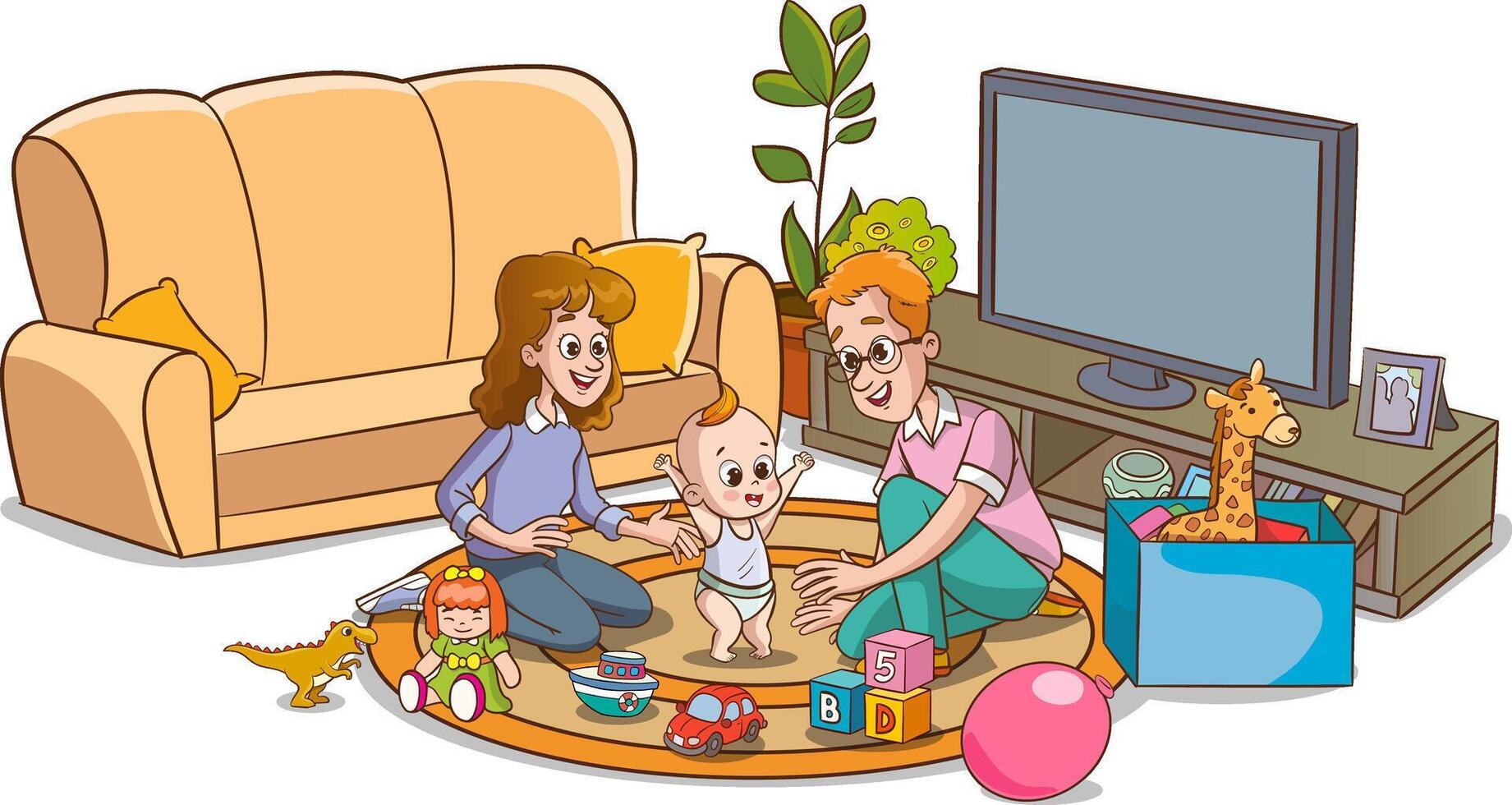 Mother and father playing with their baby. Vector illustration of a cartoon family.