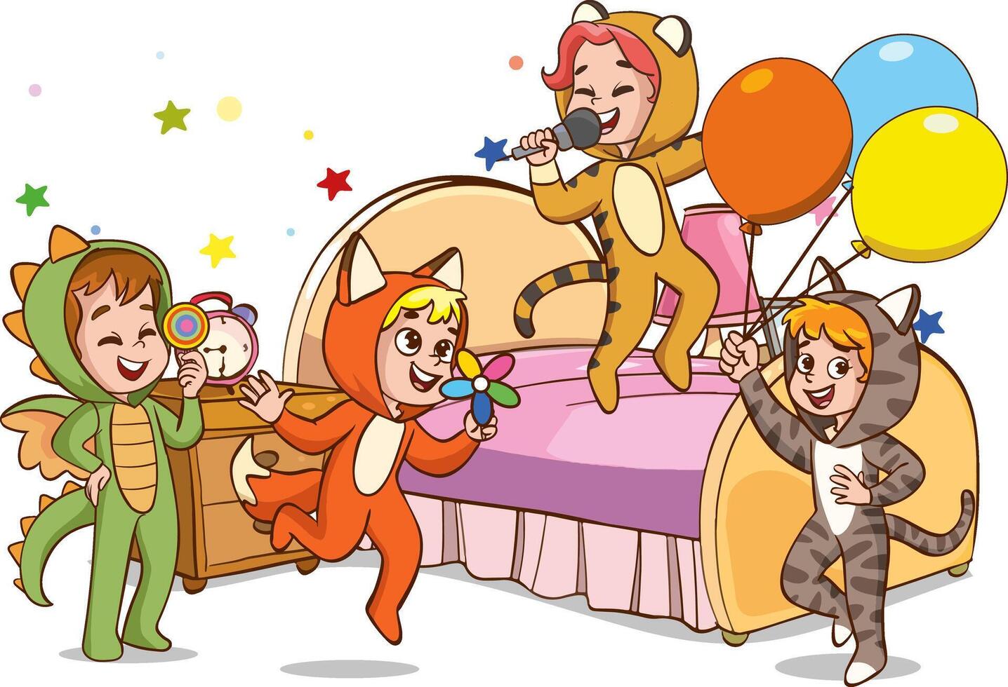 Little Boy and Girl Wearing Animal Costumes Waving Hand and Having Fun Vector Set