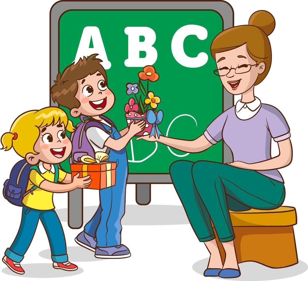 niños estudiante dando ramo de flores de flores a su maestro, plano sencillo ilustración para contento profesores día. vector