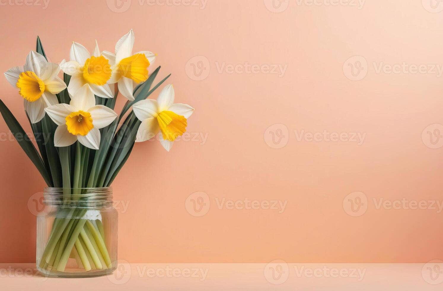 ai generado tarjeta con amarillo y blanco narcisos en un tarro en un melocotón antecedentes con espacio para texto. concepto para de la madre día, marzo 8, personas mayores día foto