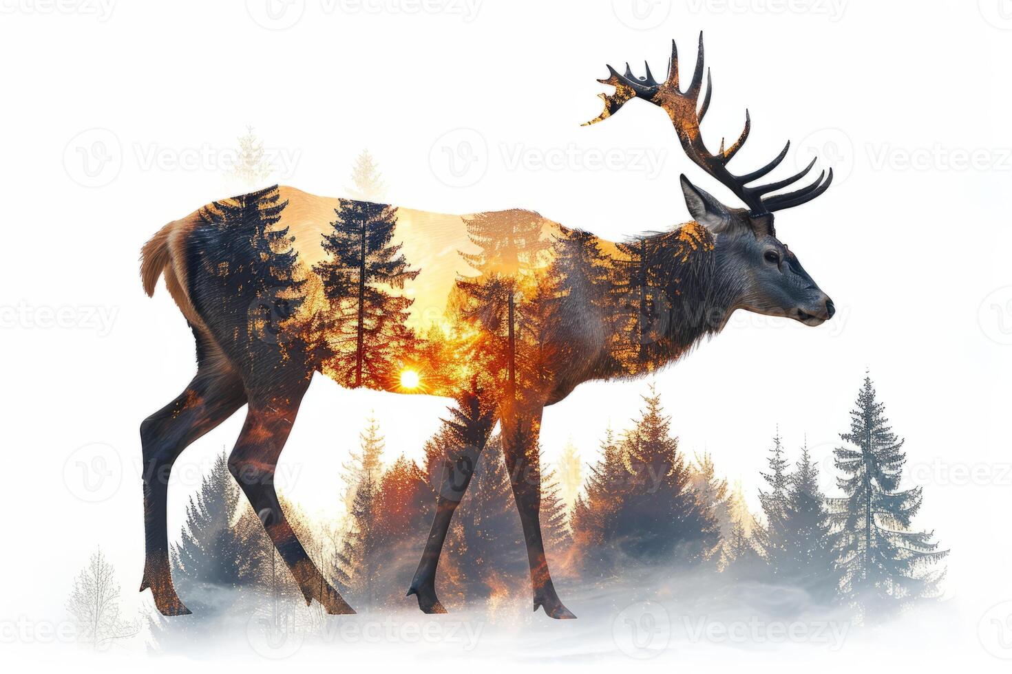 AI generated Stunning double exposure of deer silhouette with forest sunset scene, perfect for creative projects. photo