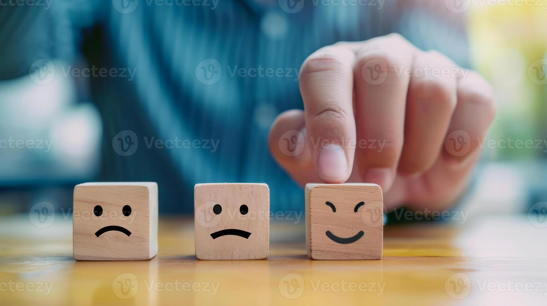 AI generated Conceptual photo of hand selecting a happy face block among neutral faces. Customer feedback, service rating, or satisfaction concept.