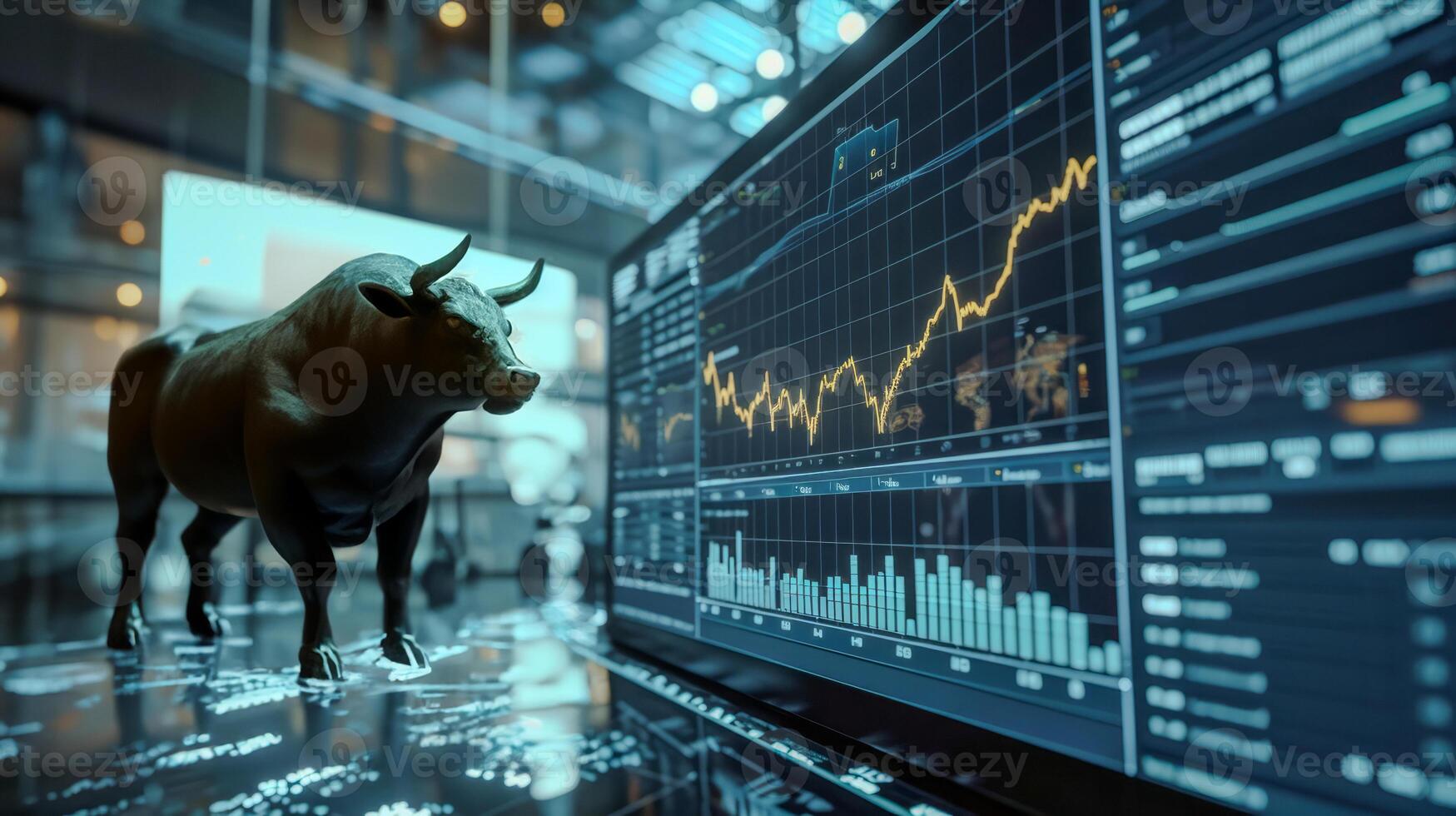 AI generated Futuristic trading floor with digital screens displaying financial data and stock charts. Perfect for finance concepts. photo