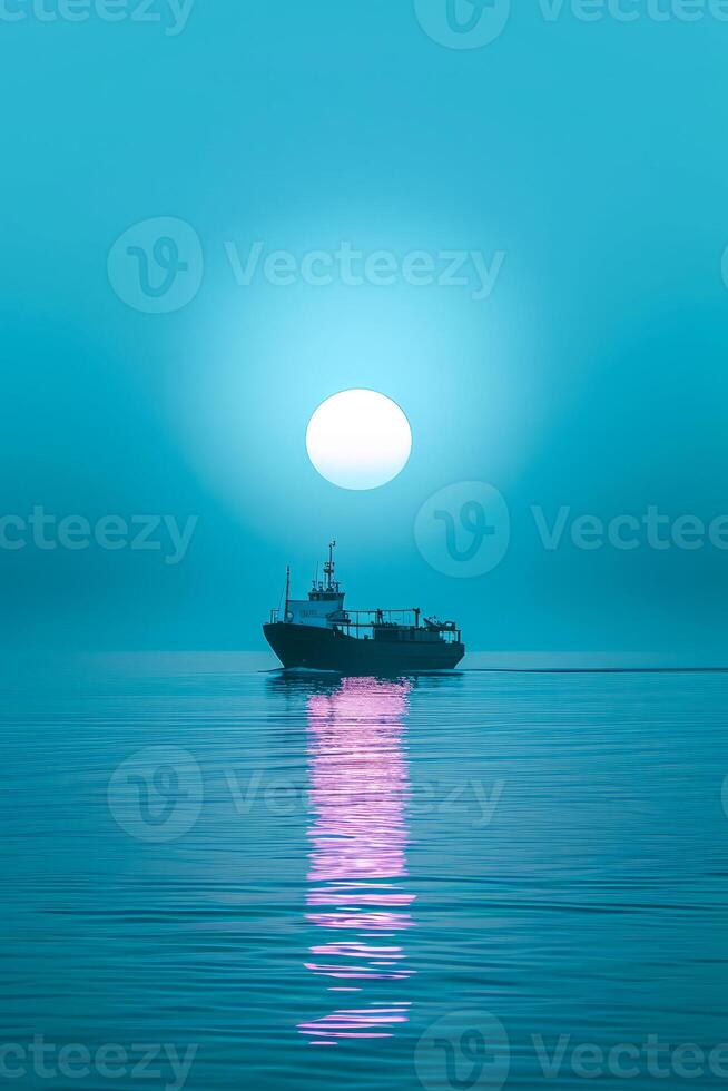 AI generated Serenity at sea Ship silhouetted against setting sun with tranquil waters. Ideal for tranquil themes and nature backdrops. photo
