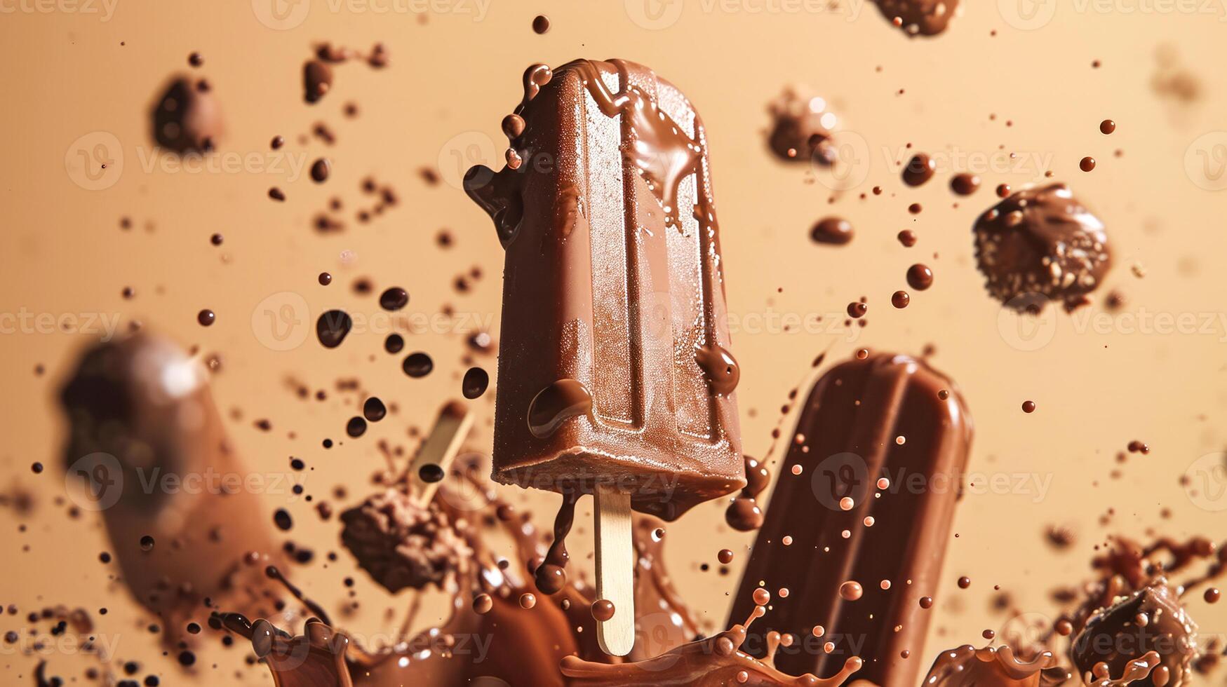 AI generated Melted chocolate ice cream bars with splashes, dynamic and indulgent dessert imagery. photo