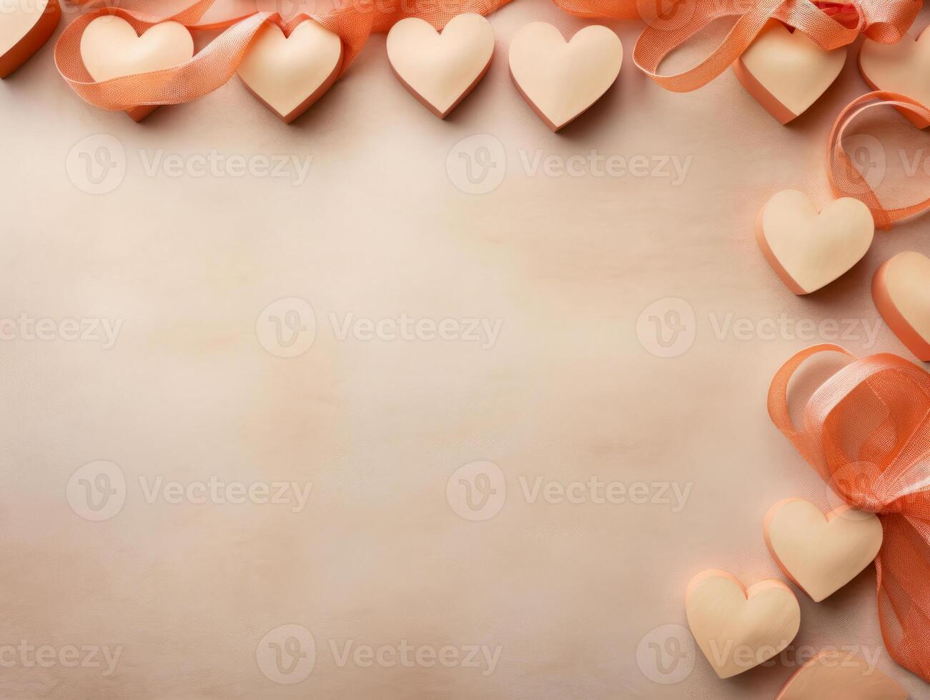 AI generated Elegant heart shapes and ribbons on soft backdrop, ideal for romantic occasions, wedding invites, and Valentine's Day designs. photo