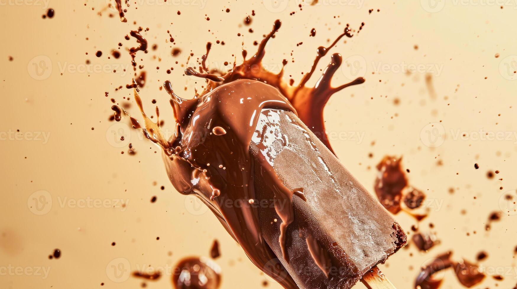 AI generated Dynamic chocolate splash with popsicle, perfect for indulgent dessert or luxury food ads. High-quality, eye-catching image. photo